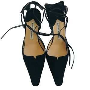 Manolo Blahnik Black Suede Pumps w Leather Straps!